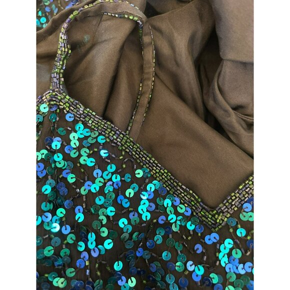 Vintage Scala Blue Green Fully Beaded Silk Evening Gown Medium Prom Y2K Rare - Picture 9 of 12